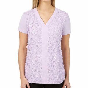 Badgley Mischka Soft Lilac Floral 3D Textured Short Sleeve Blouse - Size Medium